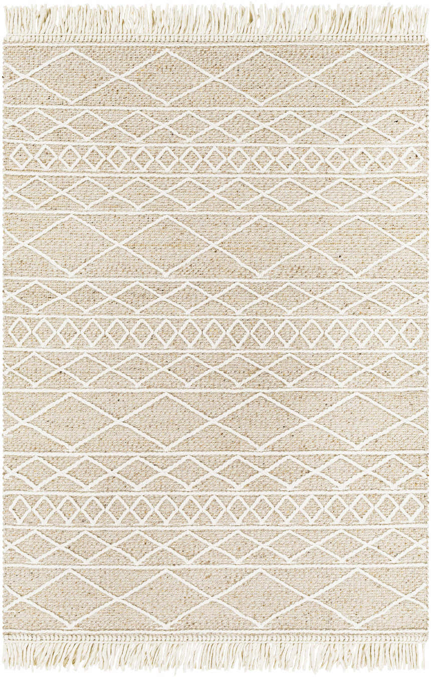 Close-up of the Ambulong Area Rug - Clearance. Cream and tan wool rug with a geometric diamond pattern and fringed edges. Design-Rectangle-576