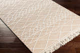 Close up of the Ambulong Area Rug, a cream and tan hand woven rug with a geometric diamond pattern and fringe. Corner