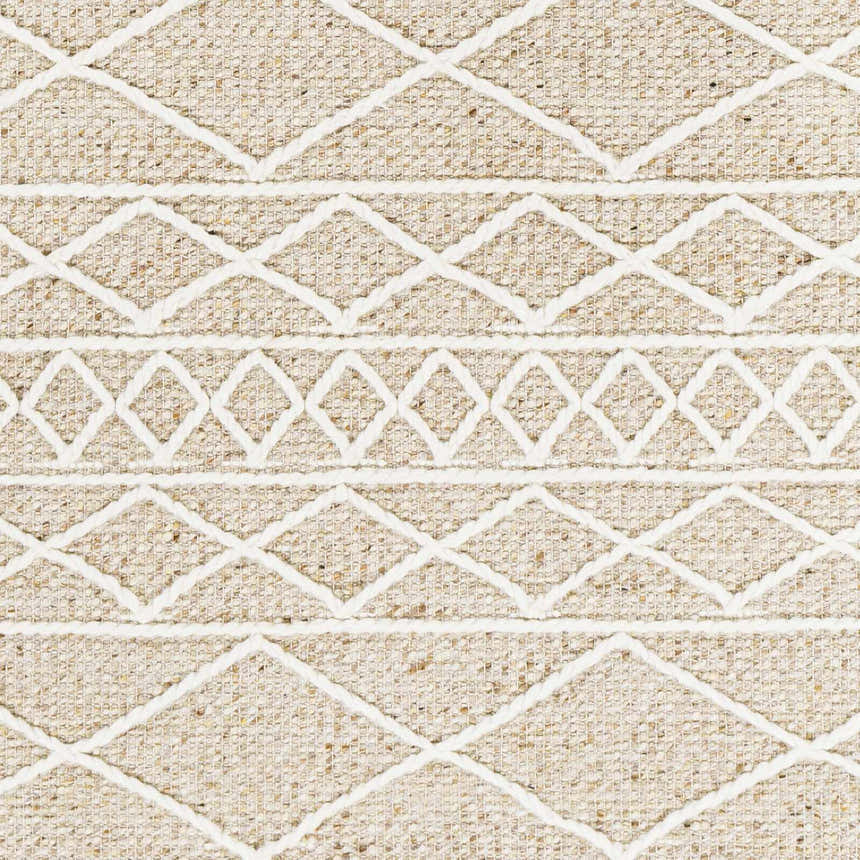 Close-up of Ambulong Area Rug. Hand-woven rug with cream and tan geometric diamond pattern and textured wool and cotton blend. Swatch