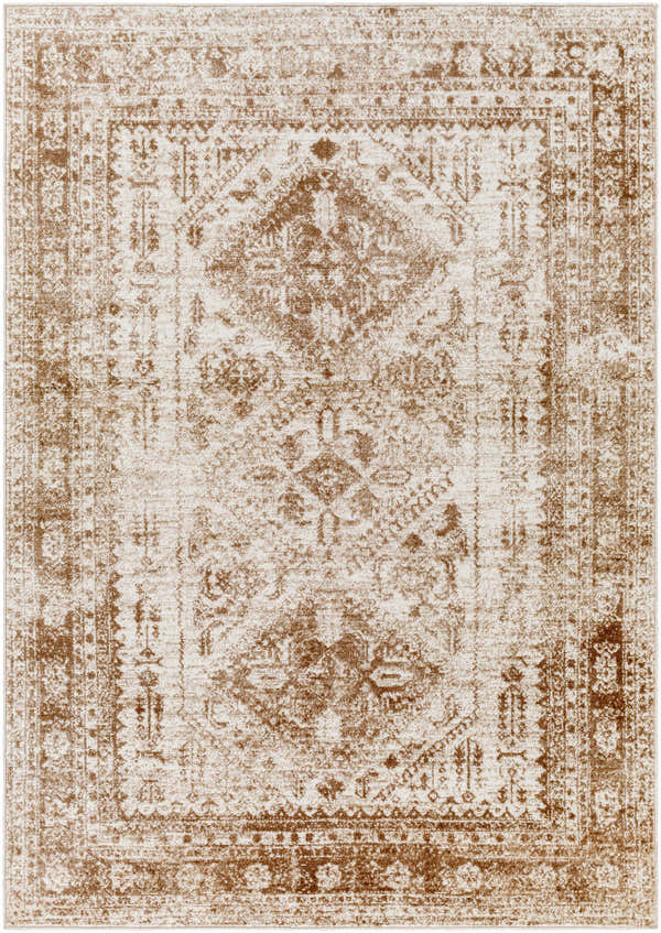 Close-up of the Ameya Brown Turkish Style Rug, showcasing its traditional pattern and faded brown and cream color palette. Design-Rectangle-5373