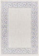 Close-up of Alen Cream & Blue Indoor/Outdoor Rug. Features a Greek key border design and woven texture. Design-Rectangle-537
