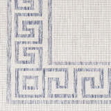 Close-up of Alen Cream & Blue Indoor Outdoor Rug showing Greek key design, woven texture, and neutral cream background. Swatch