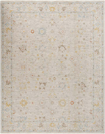 Detailed view of the Amina Oushak rug, a machine-woven rug with a traditional floral pattern in amber, gray, and taupe. Design-Rectangle-710103