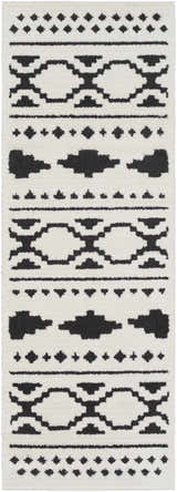 Close-up of the Amoret Area Rug, a machine-woven runner with a black and off-white geometric pattern. Design-Runner-2773