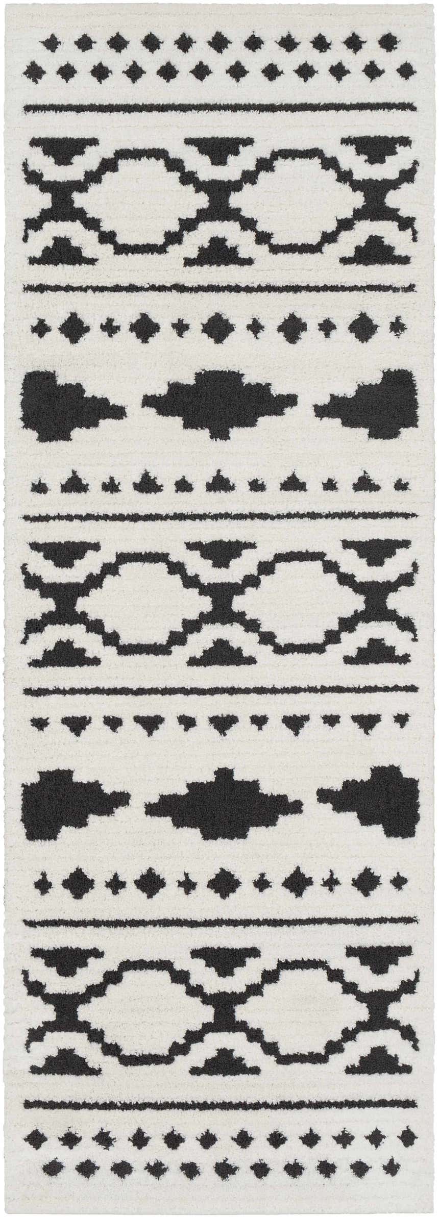 Close-up of the Amoret Area Rug, a machine-woven runner with a black and off-white geometric pattern. Design-Runner-2773