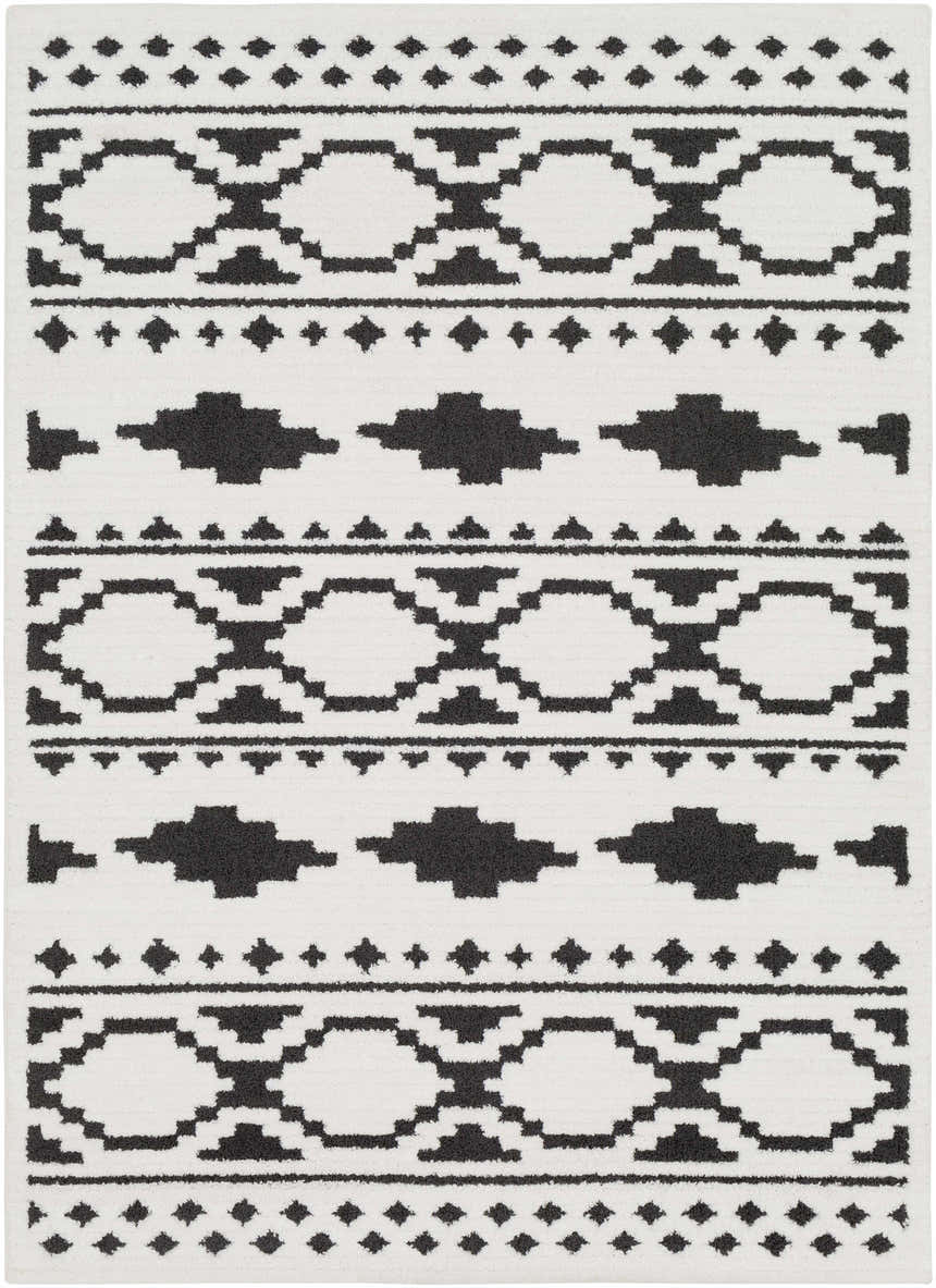 Amoret Area Rug, close-up. Black and off-white geometric pattern. Bohemian style. Design-Rectangle-5373
