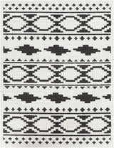 Close-up of the Amoret Area Rug. Black geometric Southwestern pattern on an off-white background. Bohemian style. Design-Rectangle-710103