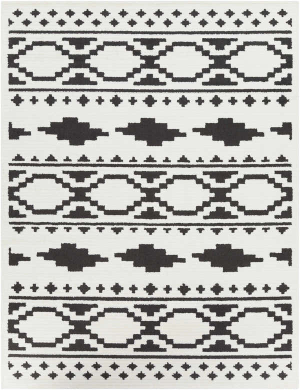 Close-up of the Amoret Area Rug. Black geometric Southwestern pattern on an off-white background. Bohemian style. Design-Rectangle-710103