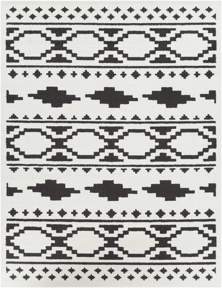 Close-up of the Amoret Area Rug. Black geometric Southwestern pattern on an off-white background. Bohemian style. Design-Rectangle-710103