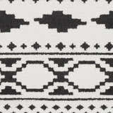 Close-up of Amoret Area Rug: black and off-white geometric pattern, machine woven texture. Bohemian style. Swatch