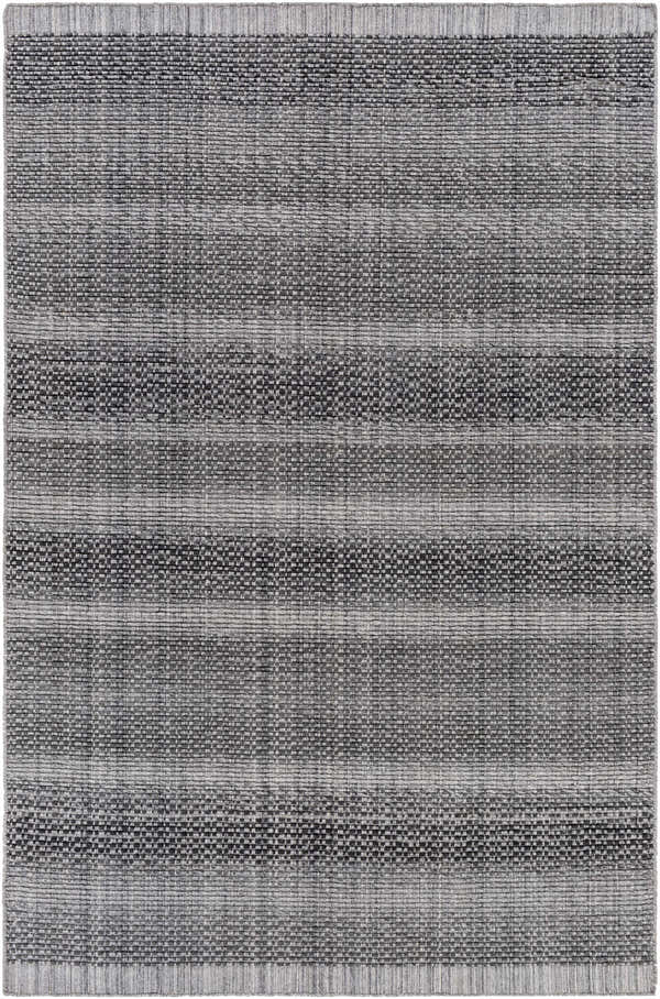 Close-up of the Yong Hand Loomed Gray Indoor & Outdoor Rug, showing its charcoal, light slate, and gray woven texture. Design-Rectangle-576