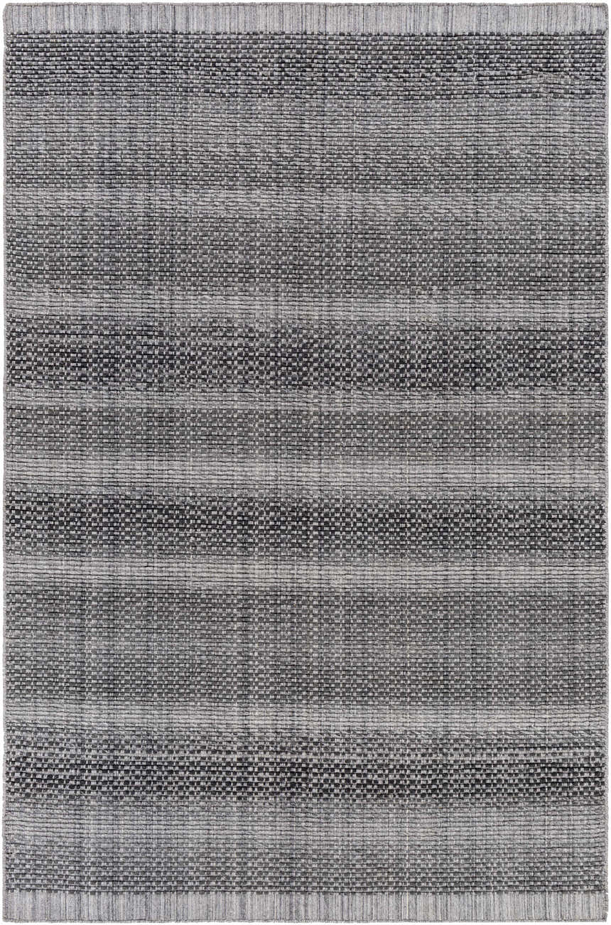 Close-up of the Yong Hand Loomed Gray Indoor & Outdoor Rug, showing its charcoal, light slate, and gray woven texture. Design-Rectangle-576