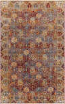 Close-up of the Anambongan Area Carpet. Traditional floral pattern in beige, brick red, blue, and olive tones. Design-Rectangle-582