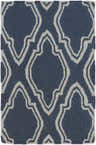 Close-up of the Anchorage Area Carpet, a hand-woven wool rug in cream and dark blue with a contemporary geometric pattern. Design-Rectangle-23