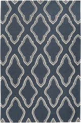 Close-up of the hand woven Anchorage Area Carpet. Cream geometric pattern on a dark blue 100% wool rug. Design-Rectangle-58