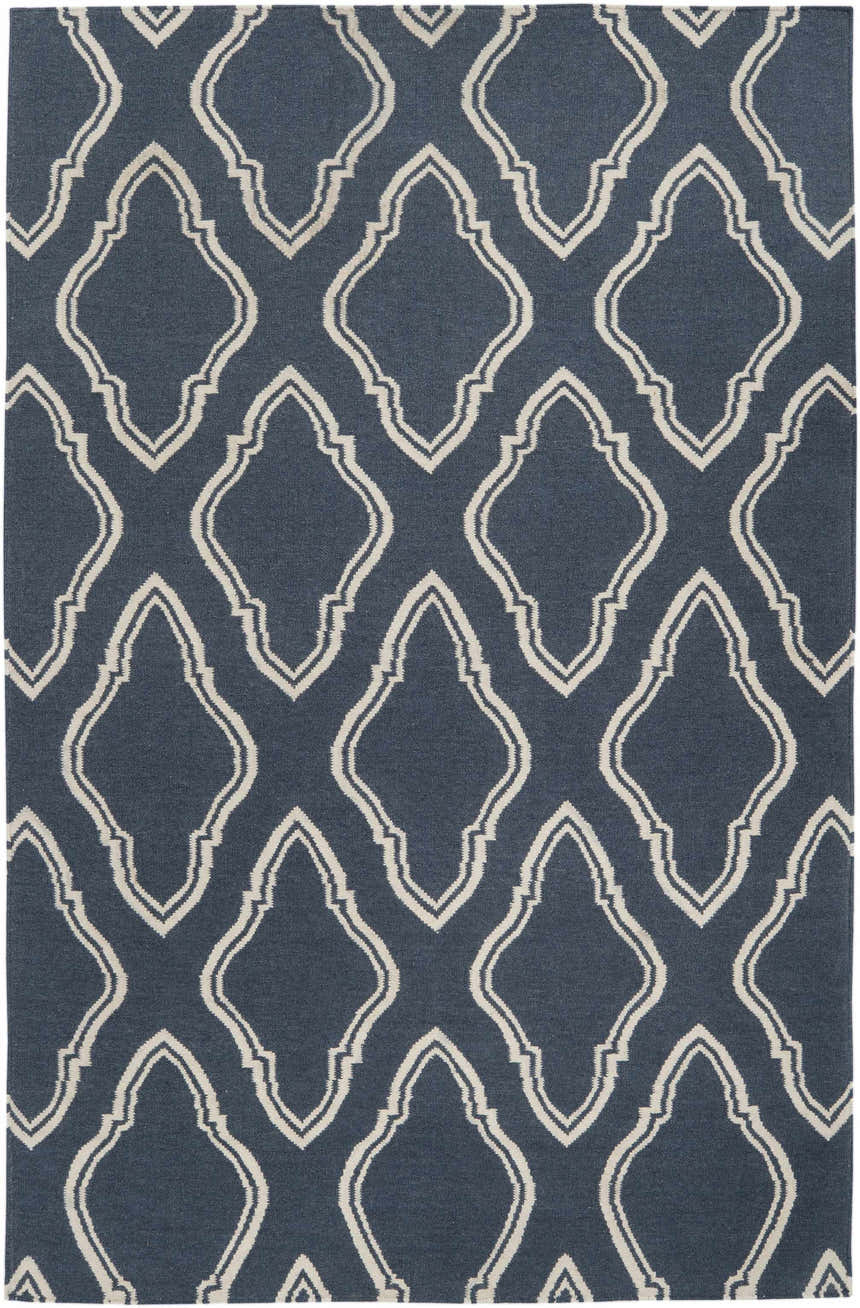 Close-up of the hand woven Anchorage Area Carpet. Cream geometric pattern on a dark blue 100% wool rug. Design-Rectangle-58