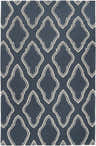 Close-up of the hand woven Anchorage Area Carpet. Cream geometric pattern on a dark blue 100% wool rug. Design-Rectangle-58