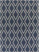 Close-up of the Anchorage Area Carpet; a hand-woven wool rug with cream geometric trellis pattern on a dark blue background. Design-Rectangle-811