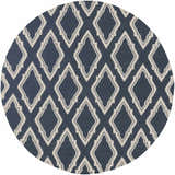 Close-up of round Anchorage Area Carpet. Cream geometric pattern on a dark blue, hand-woven wool rug. Design-Round