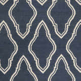 Close-up of Anchorage Area Carpet in dark blue and cream. Hand-woven wool rug with a geometric trellis pattern. Swatch