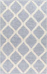 Close-up of the Andra Area Rug: light blue rug with a cream diamond pattern and a hand woven texture. Design-Rectangle-576