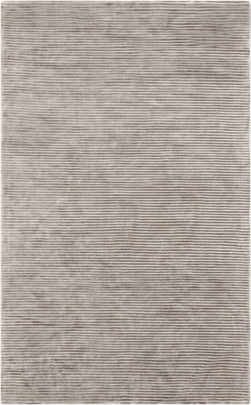 Close-up of the hand-loomed Angie Area Rug in charcoal. Features a contemporary, solid striped design and viscose texture. Design-Rectangle-58