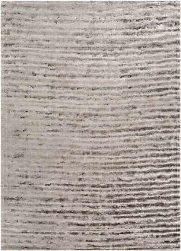 Close-up of the charcoal Angie Area Rug. Hand-loomed, 100% Viscose rug with a contemporary striped design. Design-Rectangle-811