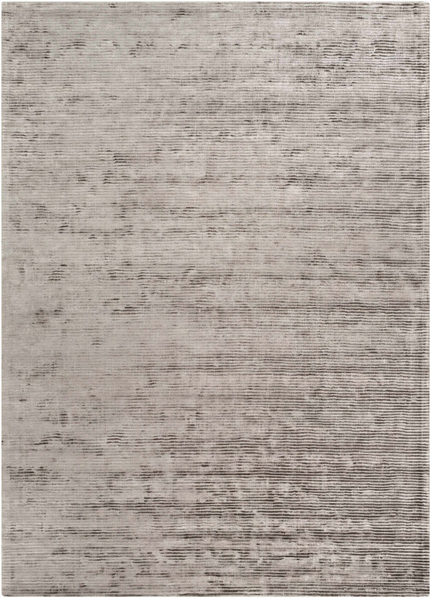 Close-up of the charcoal Angie Area Rug. Hand-loomed, 100% Viscose rug with a contemporary striped design. Design-Rectangle-811