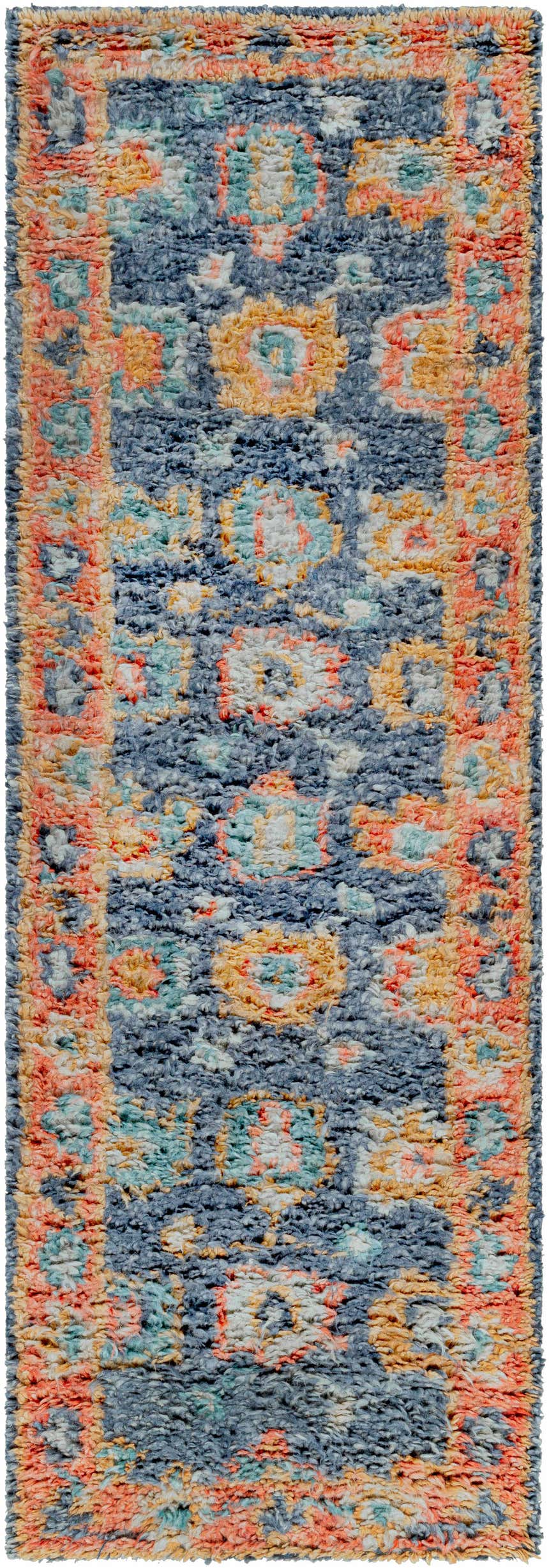 Close-up of the Ankara Premium Wool Area Rug. Hand-knotted rug with a blue, coral, and mustard bohemian pattern. Design-Runner-268
