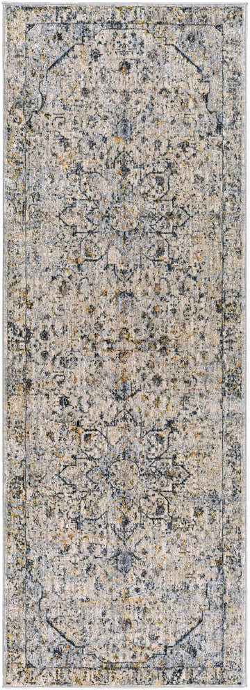 Close-up of the Anmoore Luxe Rug. Features a traditional Persian design in charcoal, cream, gray, and mustard tones. Design-Runner-2773