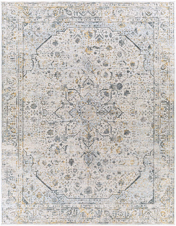 Close-up of the Anmoore Luxe Rug, a traditional Persian style rug in charcoal, cream, and mustard tones. Design-Rectangle-710103