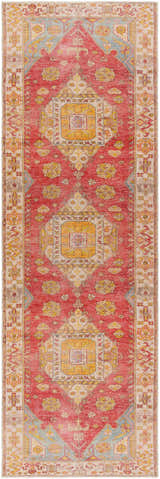 Close-up of the Anopog Washable Area Rug. Red, yellow, and cream traditional runner rug with a distressed, farmhouse style. Design-Runner-27710