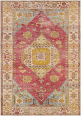 Detailed view of the Anopog Washable Area Rug with a red, yellow, and blue traditional pattern. Farmhouse style. Design-Rectangle-5373