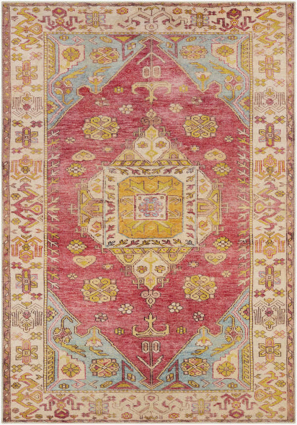Detailed view of the Anopog Washable Area Rug with a red, yellow, and blue traditional pattern. Farmhouse style. Design-Rectangle-5373