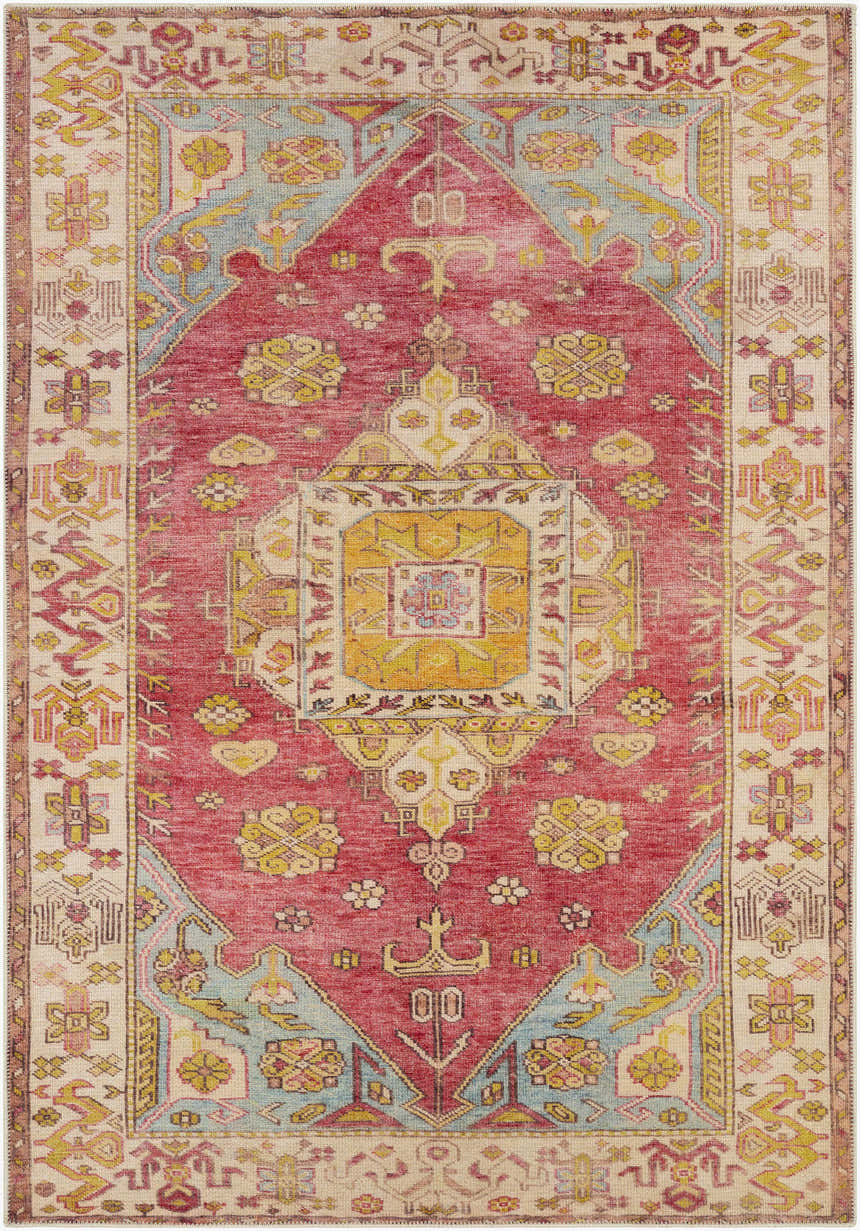 Detailed view of the Anopog Washable Area Rug with a red, yellow, and blue traditional pattern. Farmhouse style. Design-Rectangle-5373
