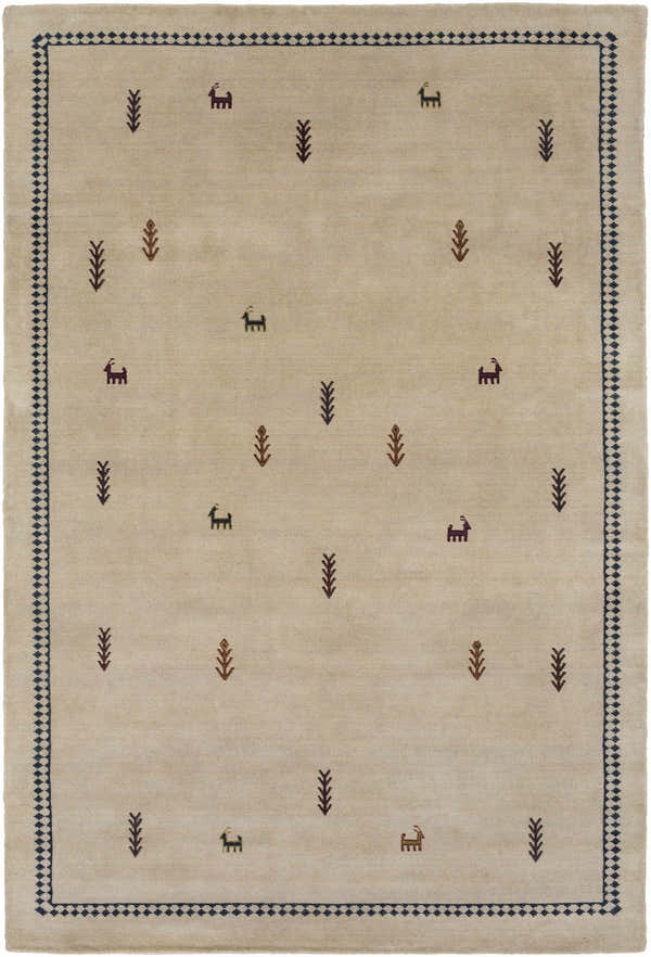 Close-up of the hand-knotted Anstruther Area Rug. Wheat-colored wool rug with dark brown tree and red deer motifs. Navy border. Design-Rectangle-576