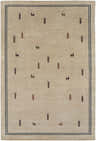 Close-up of the hand-knotted Anstruther Area Rug. Wheat-colored wool rug with dark brown tree and red deer motifs. Navy border. Design-Rectangle-576