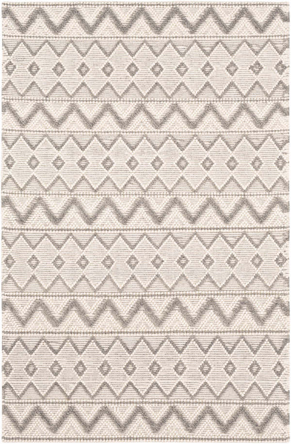 Close-up of the hand woven Whittington Gray&Cream Wool Rug featuring a geometric diamond and zig zag pattern. Design-Rectangle-576