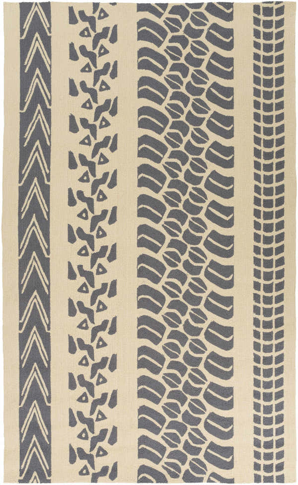 Close-up of the Anza Area Carpet. Beige rug with charcoal stripes featuring geometric and abstract patterns. Hand-hooked texture. Design-Rectangle-58