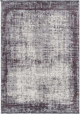 Close-up of the Binh Gray Area Rug, featuring a charcoal border and distressed cream and slate pattern. Design-Rectangle-4117