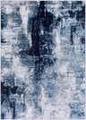 Close-up of the Apas Abstract Blue Area Rug. Features cream, gray, and denim hues in a contemporary abstract pattern. Design-Rectangle-5373