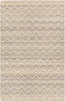 Close-up of the Aqeel Area Rug. Hand-woven wool rug with a light brown and gray chevron pattern and fringe. Design-Rectangle-576