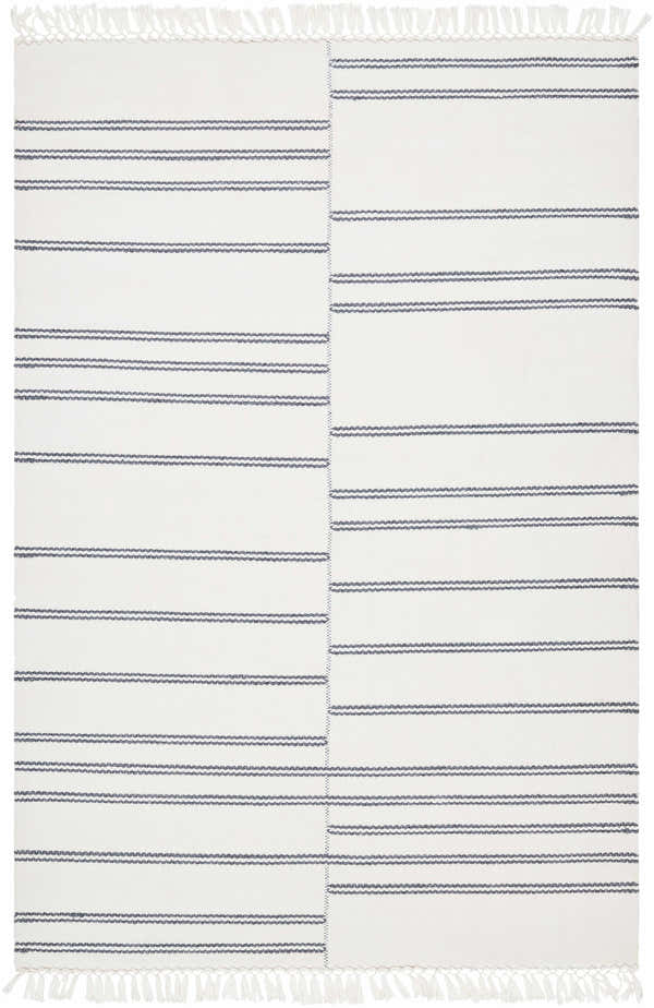 Close-up of the Aras Area Rug: a hand-woven, off-white rug with thin, dark gray stripes and knotted fringe. Design-Rectangle-576