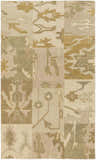 Close-up of the Arbyrd Area Rug, a hand-knotted wool rug with beige, olive, sage, and taupe contemporary patterns. Design-Rectangle-58