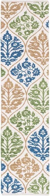 Close-up of Arecibo Clearance Rug, a hand-woven cotton rug with a floral trellis pattern in aqua, beige, blue, and green tones. Design-Runner