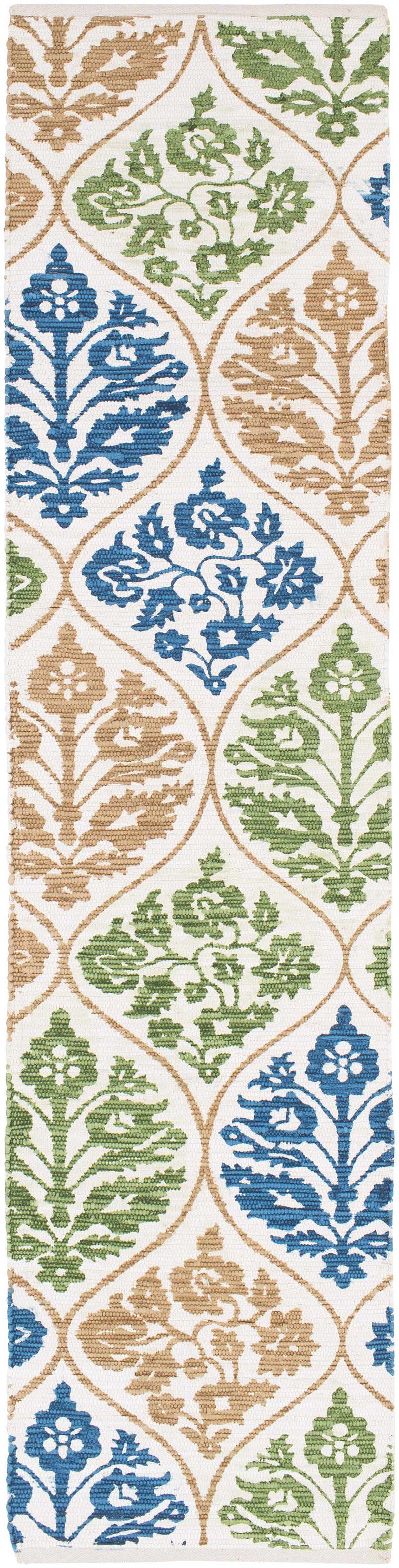 Close-up of Arecibo Clearance Rug, a hand-woven cotton rug with a floral trellis pattern in aqua, beige, blue, and green tones. Design-Runner