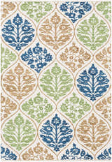 Close up of Arecibo Clearance Rug, a cotton rug with a blue, green, and tan floral medallion pattern on a white background. Design-Rectangle-576