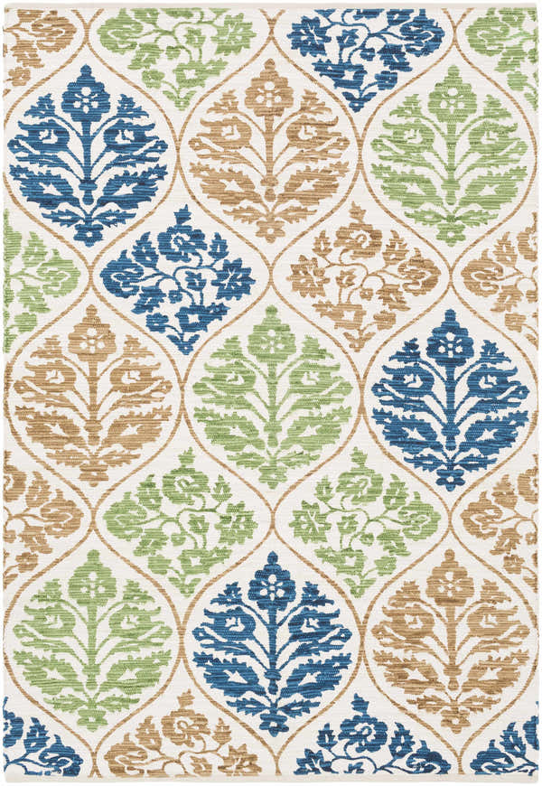 Close up of Arecibo Clearance Rug, a cotton rug with a blue, green, and tan floral medallion pattern on a white background. Design-Rectangle-576