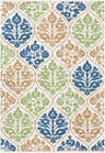 Close up of Arecibo Clearance Rug, a cotton rug with a blue, green, and tan floral medallion pattern on a white background. Design-Rectangle-576