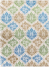 Close-up of Arecibo Clearance Rug. Hand-woven cotton rug with a blue, green, and tan floral trellis pattern on white. Design-Rectangle-811